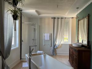 La salle de bains est pourvue d'une baignoire, d'une douche et d'un lavabo. dans l'établissement L'ESCALE Chambres et table d'hôtes, à Verdun-sur-le-Doubs