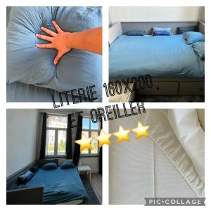 een collage van vier foto's van een slaapkamer met sterren bij * Lasuite #1 BLUE * in Valenciennes