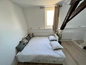 1 dormitorio con cama con almohadas y ventana en *Lasuite #3 GREEN*, en Valenciennes