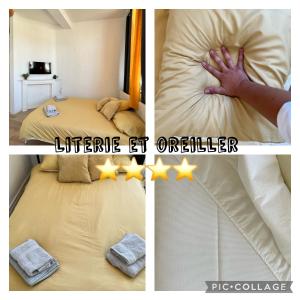 dos fotos de una habitación con una cama con estrellas en *Lasuite #2 YELLOW*, en Valenciennes