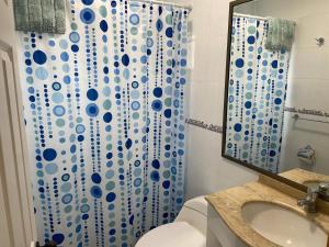a bathroom with a toilet and a shower curtain at Casa de campo, con hermosa vista al mar in Tongoy +17 photos