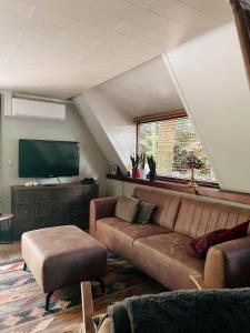 sala de estar con sofá y TV de pantalla plana en Mimi's natuurhuisje en Lanaken