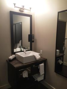 a bathroom with a mirror and a sink at Hotel De La Borealie in Saint-Félicien
