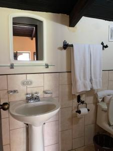 a bathroom with a sink and a mirror and a toilet at Villa de Antaño in Antigua Guatemala