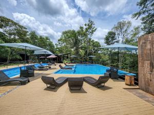 a swimming pool with lounge chairs and umbrellas at HOTEL MADEIRA BOUTIQUE in Doradal