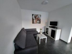 sala de estar con sofá y TV en Several different rooms, newly furnished, in a new house in Vichten, en Vichten