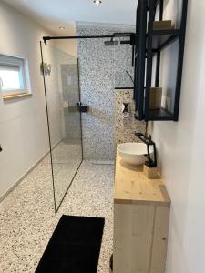W łazience znajduje się szklana kabina prysznicowa i umywalka. w obiekcie Le 39 bis w mieście Jalhay