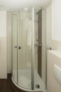 una ducha con puerta de cristal en un baño en Hotel Rendsburg, en Rendsburg