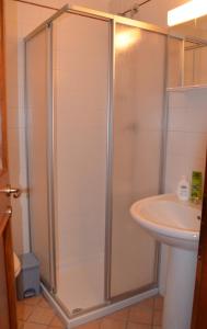 La salle de bains est pourvue d'une douche et d'un lavabo. dans l'établissement Appartamento Giada Pozzale di Pieve di Cadore(BL), à Pieve di Cadore