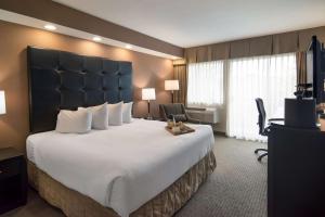 a hotel room with a large bed with a large headboard at Best Western The Westerly Hotel in Courtenay