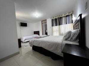 Habitación de hotel con cama grande y TV en Hostal Santa Rosa, en Caraz
