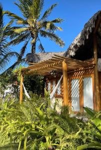 atropical house with a palm tree in the background at Casa das Rendas in Praia de Moitas