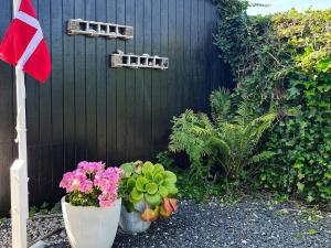 ボルコップにある4 person holiday home in B rkopの鉢植え二本旗黒塀