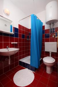 uma casa de banho com um WC e uma cortina de chuveiro azul em Apartments with a parking space Maslenica, Novigrad - 6548 em Jasenice