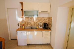 Una pequeña cocina con fregadero y microondas. en Seaside holiday house Starigrad, Paklenica - 6633, en Starigrad-Paklenica