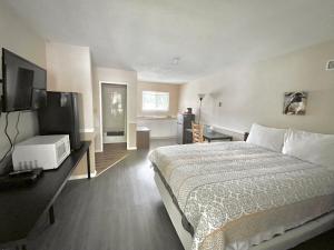 a hotel room with a bed and a television at Rivermount Motel in Little Fort