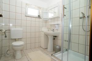 La salle de bains est pourvue de toilettes, d'un lavabo et d'une douche. dans l'établissement Apartments with a parking space Sukosan, Zadar - 6131, à Sukošan