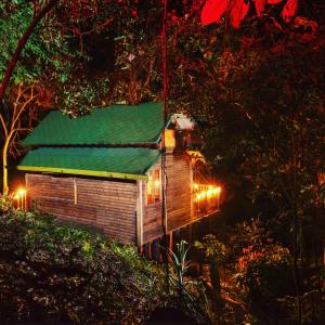 a small house with lights in the woods at night at Entremonte Cabañas in La Vega