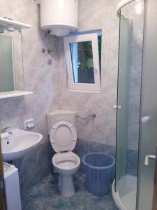 La salle de bains est pourvue de toilettes, d'un lavabo et d'une douche. dans l'établissement Apartments with WiFi Bol, Brac - 8736, à Bol