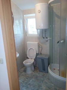 La petite salle de bains est pourvue d'une douche et de toilettes. dans l'établissement Apartments with WiFi Bol, Brac - 8736, à Bol