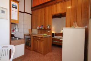 a kitchen with wooden cabinets and a white refrigerator at Apartments by the sea Zaklopatica, Lastovo - 8346 in Lastovo