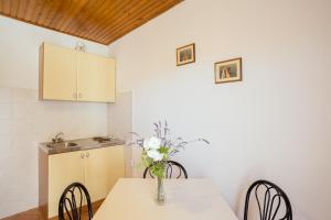 eine Küche mit einem Tisch und einer Blumenvase darauf in der Unterkunft Apartment Ugljan 8241e in Ugljan