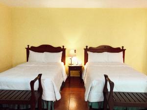 two beds in a hotel room with two bedsskirts at Hotel Villa Terra in San Salvador