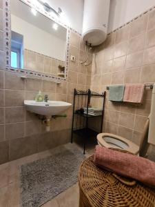 W łazience znajduje się umywalka, toaleta i lustro. w obiekcie Apartment Zaglav 8170b w mieście Sali