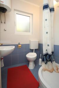 a bathroom with a toilet and a sink and a red rug at Apartments by the sea Pasadur, Lastovo - 8388 in Lastovo