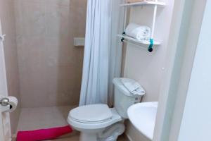 a bathroom with a toilet and a shower and a sink at Loft 15 comodo y confortable , cerca del centro de gobierno , galerias mall, consulado , CAS , Pepsi in Hermosillo