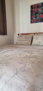 麥克坦的住宿－Lola's Guest House，一张带白色毯子和图画的床
