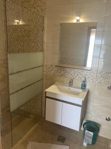 a bathroom with a sink and a mirror and a shower at Apartment Mrljane 8464a in Neviđane