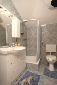 La salle de bains est pourvue d'un lavabo, de toilettes et d'une douche. dans l'établissement Apartments by the sea Tkon, Pasman - 8227, à Tkon