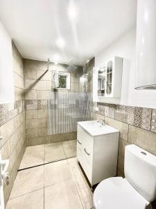 uma casa de banho com um WC e um lavatório em Apartment modern in Sulina em Sulina