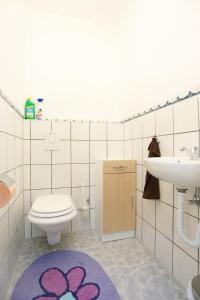 a bathroom with a toilet and a sink and a purple rug at Apartments with a parking space Omis - 10349 in Omiš