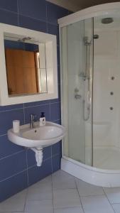 een badkamer met een wastafel en een douche bij Holiday house with a swimming pool Vrbanj, Hvar - 11040 in Vrbanj