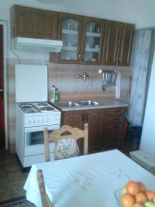 a kitchen with a stove and a sink and a table at Apartments with a parking space Maslenica, Novigrad - 11089 in Maslenica