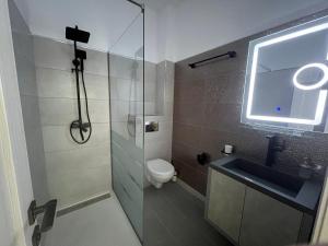 La salle de bains est pourvue d'une douche, de toilettes et d'un lavabo. dans l'établissement Furtuntec, à Tecuci