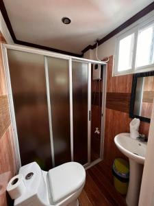 a bathroom with a shower and a toilet and a sink at Balay Paragua in El Nido