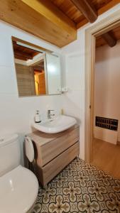 a bathroom with a sink and a toilet and a mirror at Casa rural los 7 pinos de Gredos in Navarredonda de Gredos