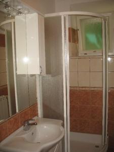 a bathroom with a sink and a shower and a mirror at Apartments by the sea Lumbarda, Korcula - 11275 in Lumbarda