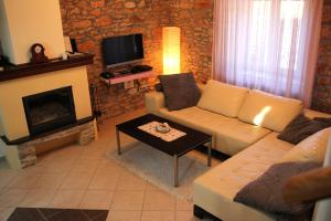 a living room with a couch and a fireplace at Family friendly house with a swimming pool Gluici, Krka - 11337 in Validžići