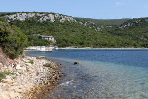 a body of water with a rocky shore and a mountain w obiekcie Secluded fisherman's cottage Cove Kobiljak, Pasman - 11391 w mieście Pašman