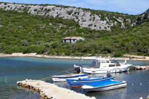Trzy łodzie są zakotwiczone w doku w wodzie w obiekcie Secluded fisherman's cottage Cove Kobiljak, Pasman - 11391 w mieście Pašman +13 zdjęć