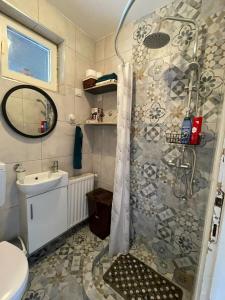 uma casa de banho com um chuveiro e um lavatório. em Kuća za odmor Fjaka em Sotin