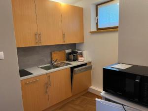 a small kitchen with a sink and a microwave at Mariandls Appartement&Mehr in Spitz