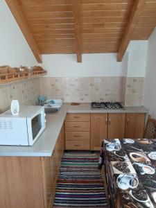 a kitchen with a stove and a white microwave at Casuta Pietrosul Rodnei in Borşa