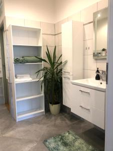 ein Badezimmer mit weißen Schränken, einem Waschbecken und einer Pflanze in der Unterkunft Art Apartment Telč in Telč
