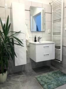 ein Badezimmer mit einem weißen Waschbecken und einem Spiegel in der Unterkunft Art Apartment Telč in Telč