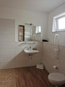 een badkamer met een wastafel en een toilet bij Hafenkoje Anita in Zinnowitz